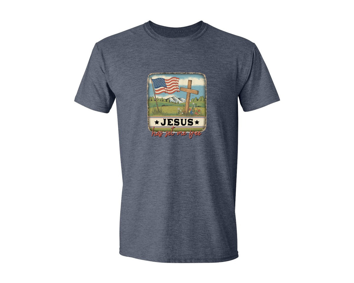 brand:Generic|color:Heather Navy|Usa Flag Cross Jesus Has Set Me Free Graphic T-Shirt
