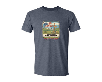 brand:Generic|color:Heather Navy|Usa Flag Cross Jesus Has Set Me Free Graphic T-Shirt