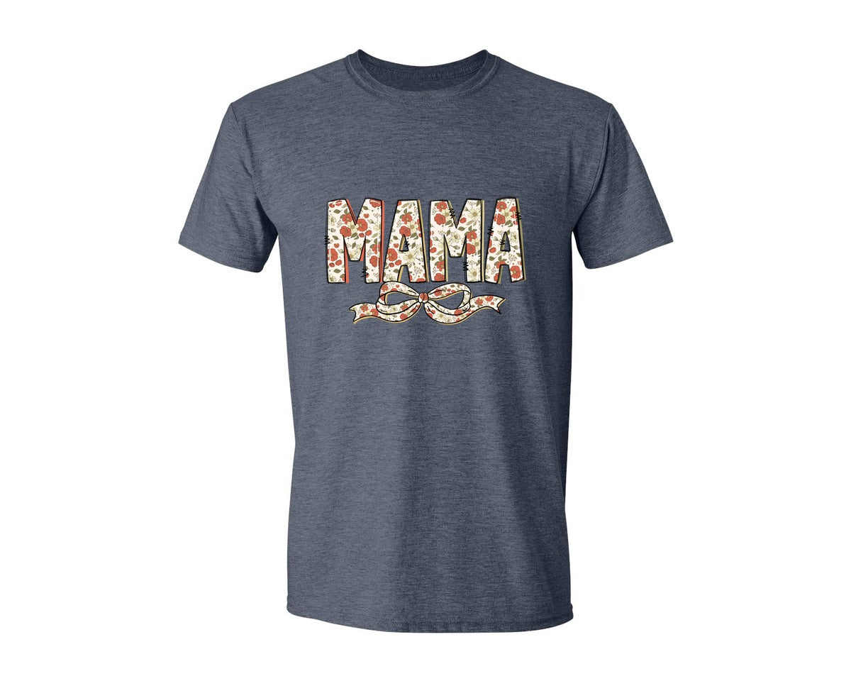brand:Generic|color:Heather Navy|Mama Boho Flower Spring Coquette Bow Graphic T-Shirt