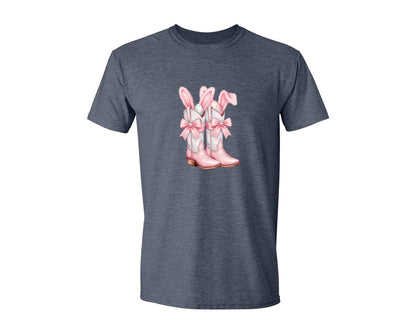 brand:Generic|color:Heather Navy|Howdy Western Easter Bunny Cowboy Boots Graphic T-Shirt
