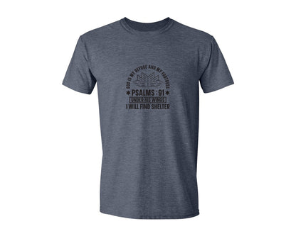 brand:Generic|color:Heather Navy|God Is My Refuge Psalms 91 Desi Graphic T-Shirt