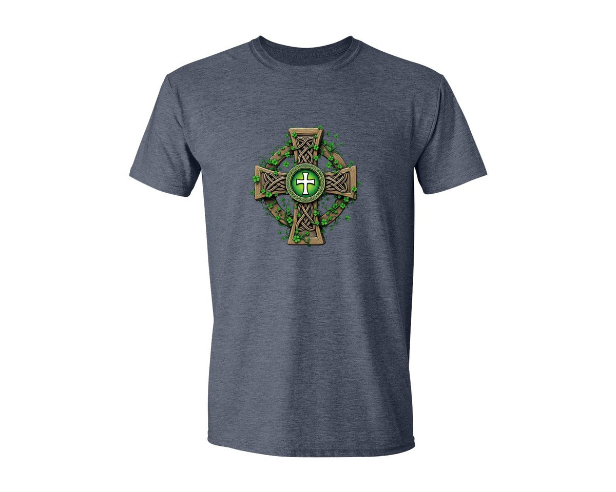 brand:Generic|color:Heather Navy|Celtic Cross With Shamrocks Irish Graphic T-Shirt