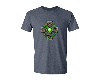 brand:Generic|color:Heather Navy|Celtic Cross With Shamrocks Irish Graphic T-Shirt