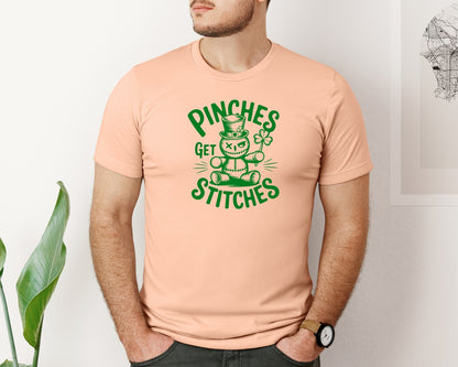 brand:Bella Canvas|color:Heather Peach|Pinches Get Stitches Funny St Patri Graphic T-Shirt