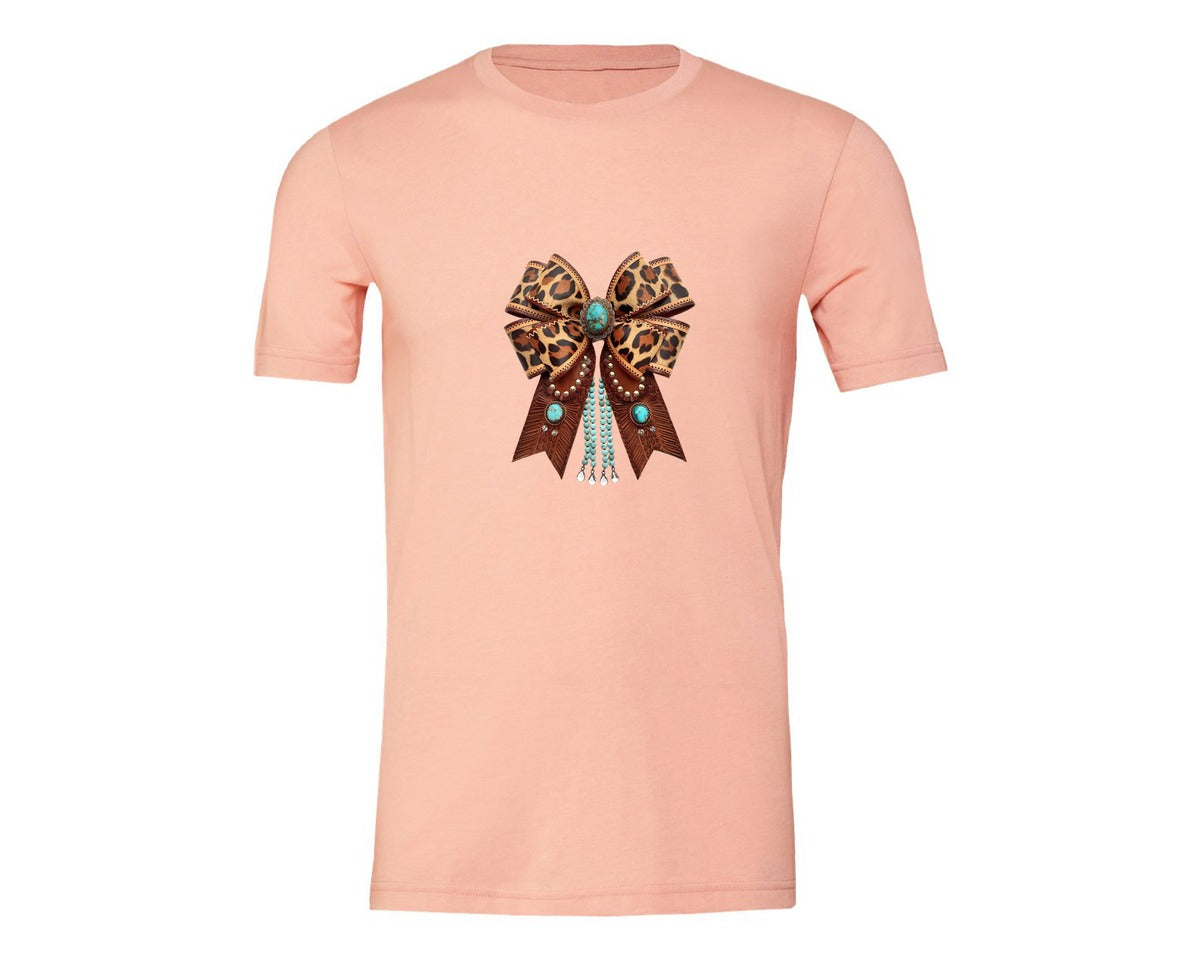 brand:Generic|color:Heather Peach|Western Leopard Bow Bohemian Coquette Graphic T-Shirt