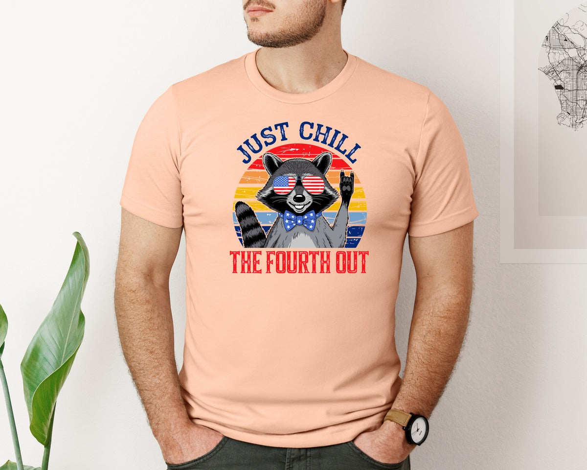 brand:Bella Canvas|color:Heather Peach|Retro Raccoon 4Th Of July Chill Vibes Graphic T-Shirt