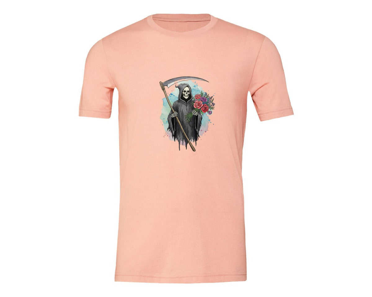brand:Generic|color:Heather Peach|Grim Reaper With Flowers Gothic Graphic T-Shirt