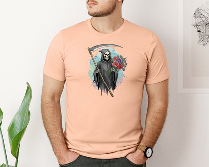 brand:Bella Canvas|color:Heather Peach|Grim Reaper With Flowers Gothic Graphic T-Shirt