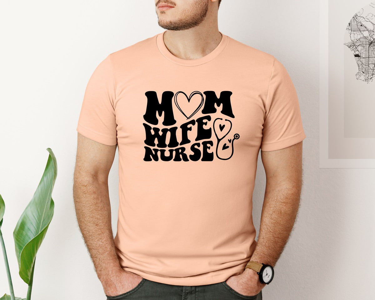 brand:Bella Canvas|color:Heather Peach|Mom Wife Nurse Wavy Graphic T-Shirt