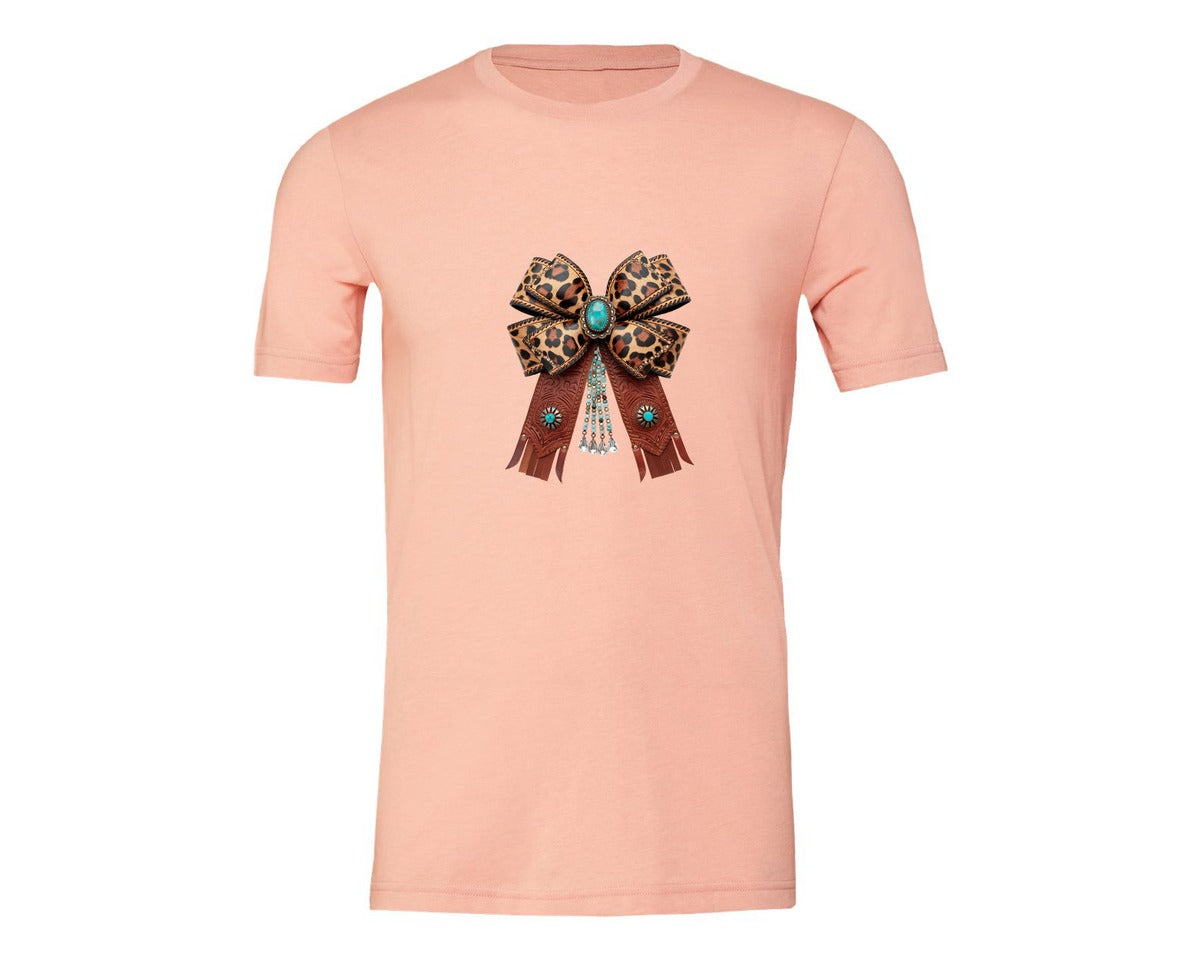 brand:Generic|color:Heather Peach|Western Leopard Bow Coquette Cowgirl 2 Graphic T-Shirt