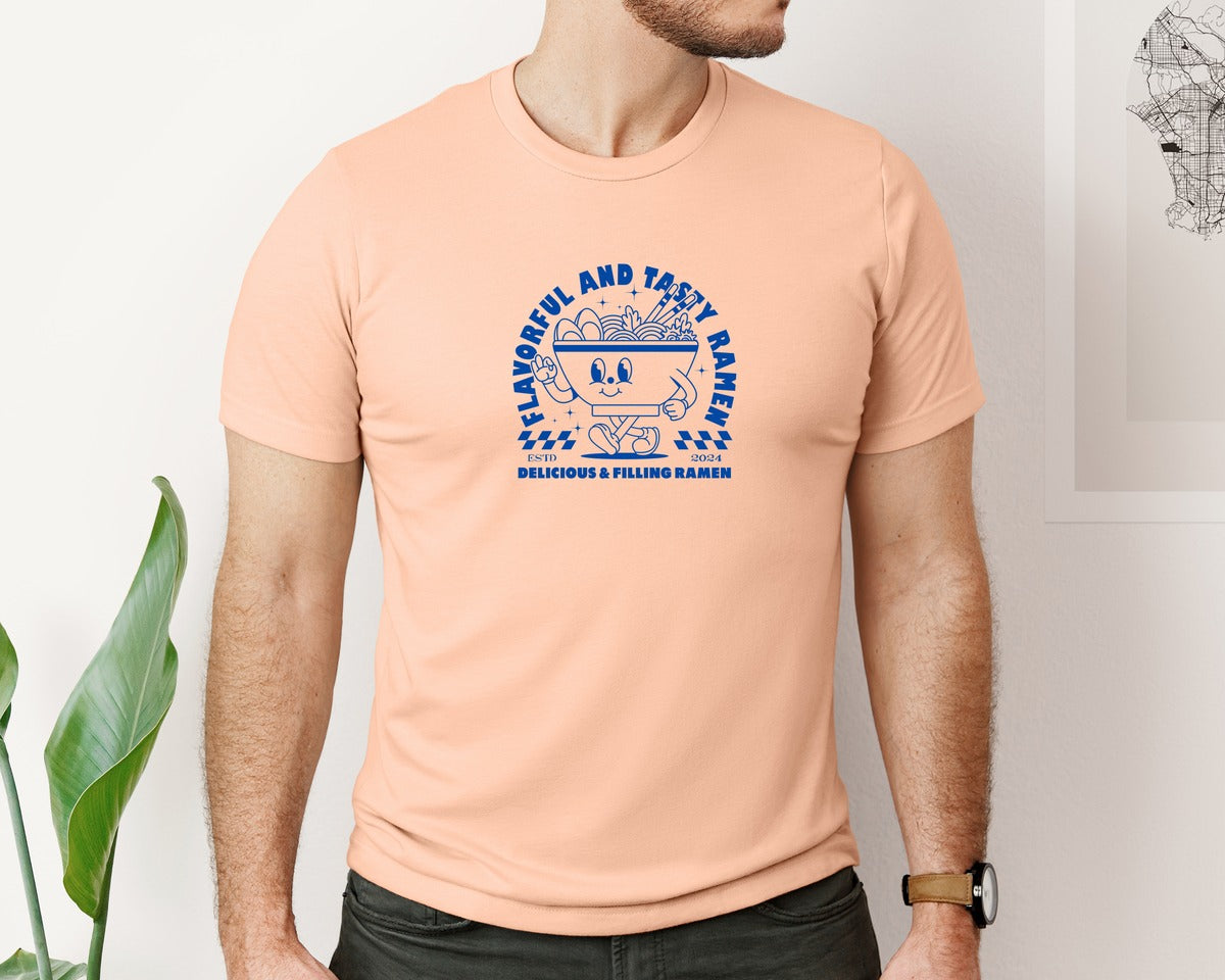 brand:Bella Canvas|color:Heather Peach|Retro Ramen Noodle Cartoon Mascot Design Graphic T-Shirt