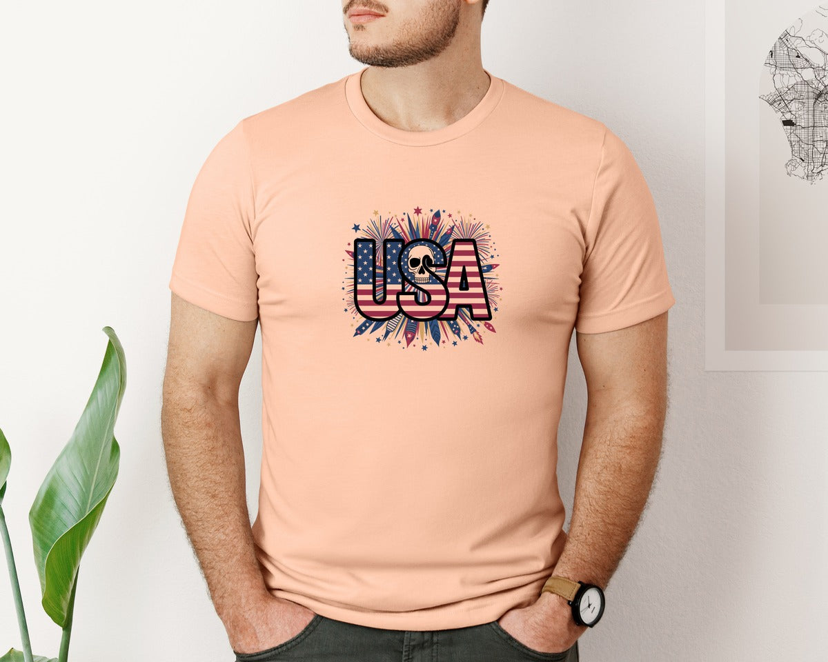brand:Bella Canvas|color:Heather Peach|Usa Skull Fireworks 4Th Of July T Shirt 2 Graphic T-Shirt