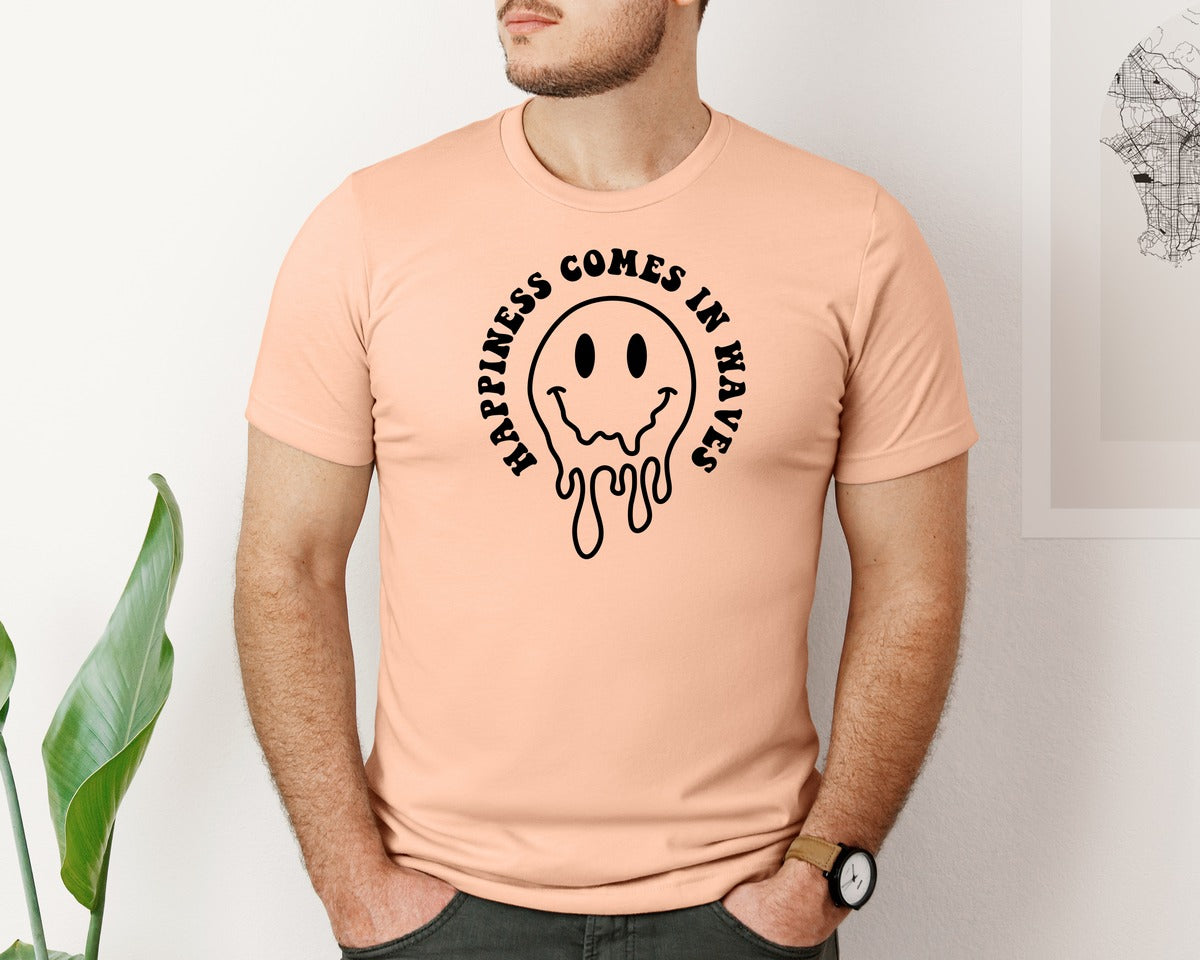 brand:Bella Canvas|color:Heather Peach|Happiness Comes In Waves Wavy Graphic T-Shirt