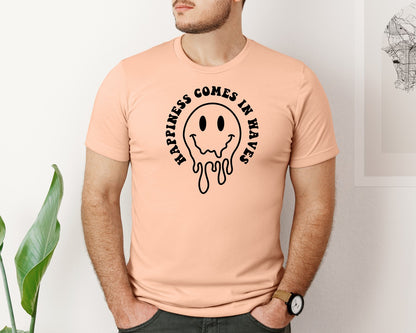 brand:Bella Canvas|color:Heather Peach|Happiness Comes In Waves Wavy Graphic T-Shirt