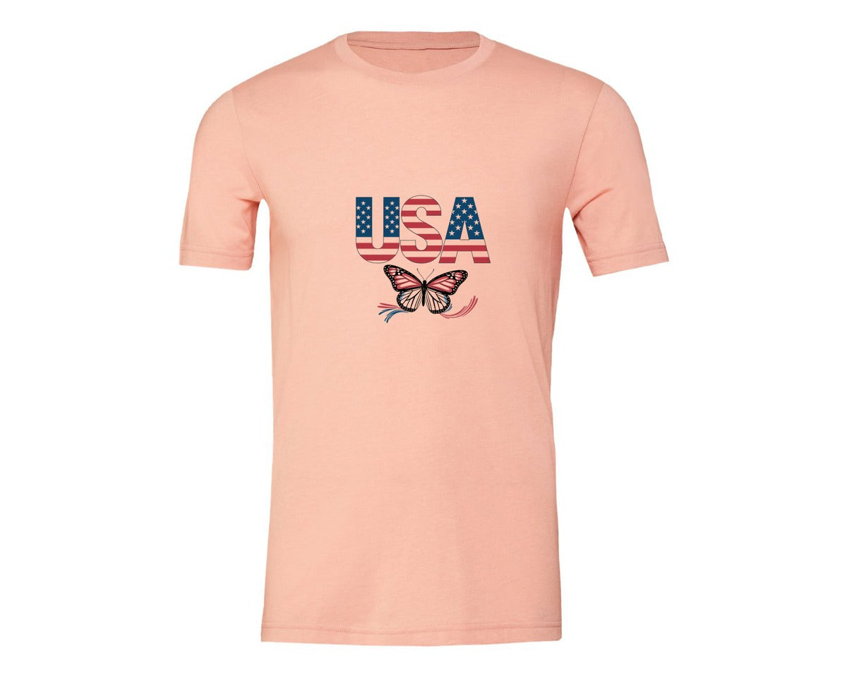 brand:Generic|color:Heather Peach|Usa Butterfly Patriotic Graphic T-Shirt