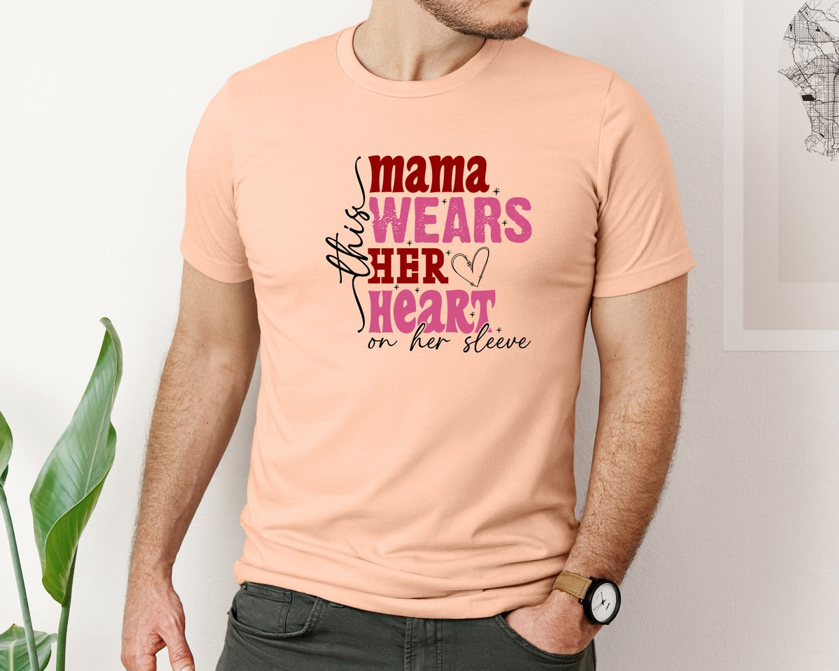 brand:Bella Canvas|color:Heather Peach|This Mama Wears Her Heart On Her Sleeve 84 Graphic T-Shirt