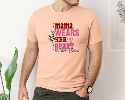brand:Bella Canvas|color:Heather Peach|This Mama Wears Her Heart On Her Sleeve 84 Graphic T-Shirt
