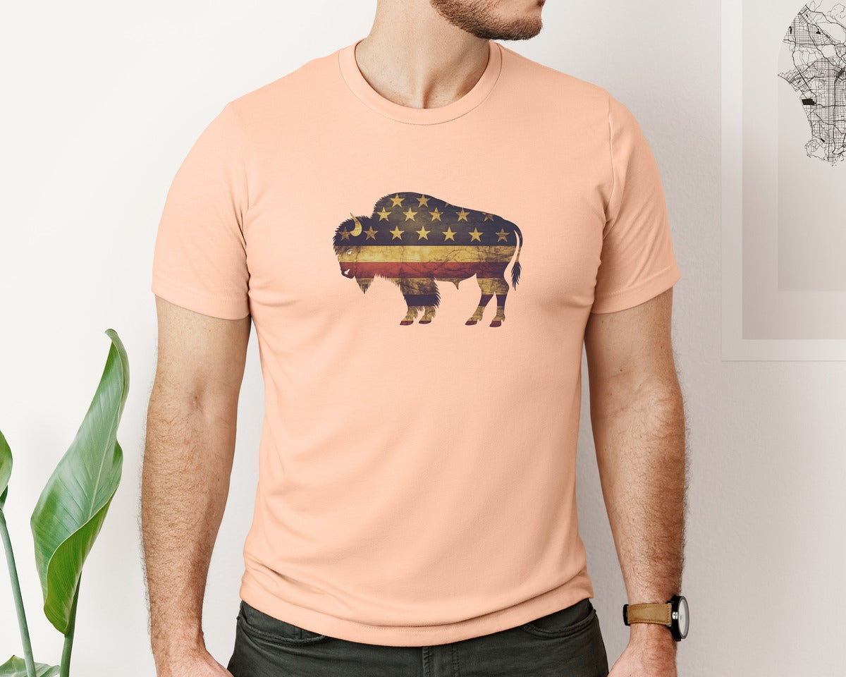 brand:Bella Canvas|color:Heather Peach|American Bison Patriotic Usa Flag 4 Graphic T-Shirt