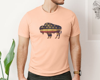 brand:Bella Canvas|color:Heather Peach|American Bison Patriotic Usa Flag 4 Graphic T-Shirt