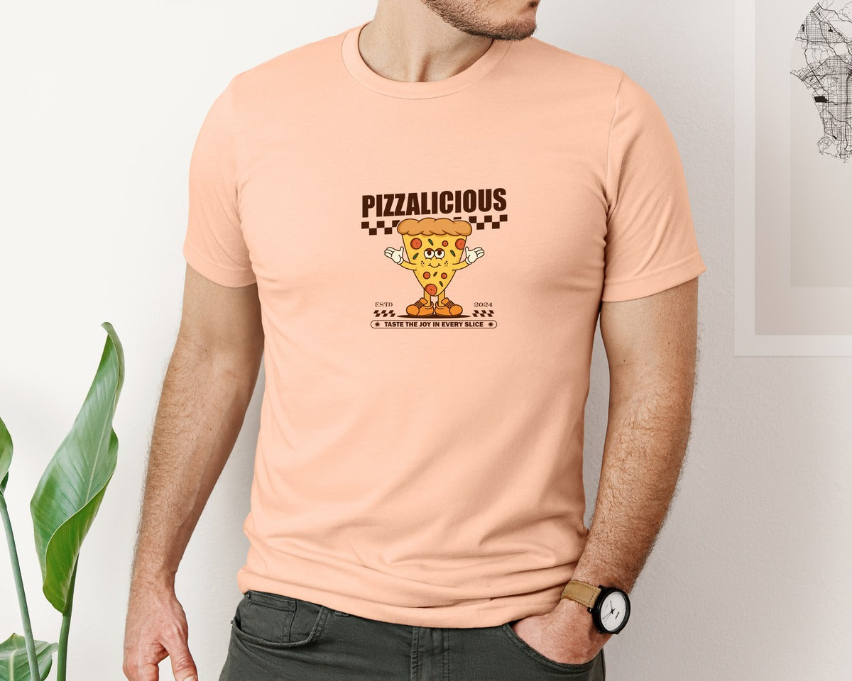brand:Bella Canvas|color:Heather Peach|Vintage Slice Pizza Cartoon Character Graphic T-Shirt
