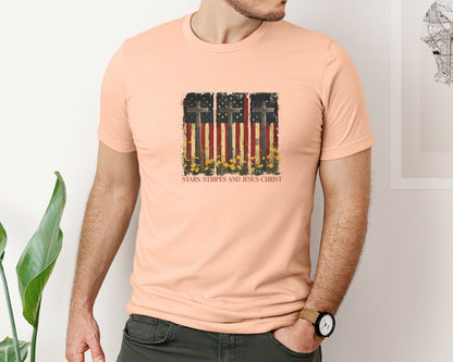 brand:Bella Canvas|color:Heather Peach|Stars And Stripes And Jesus Christ Graphic T-Shirt
