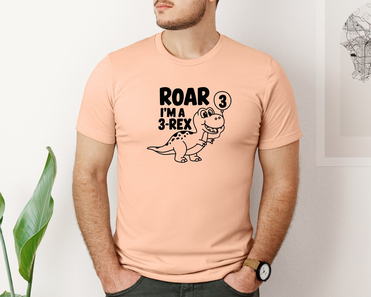 brand:Bella Canvas|color:Heather Peach|3 Rex Dinosaur Birthday Graphic T-Shirt