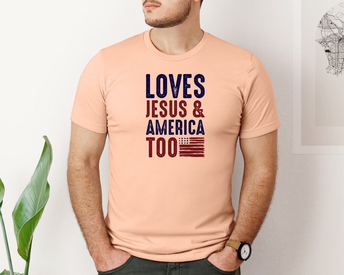 brand:Bella Canvas|color:Heather Peach|Loves Jesus And America Too Jesus Graphic T-Shirt