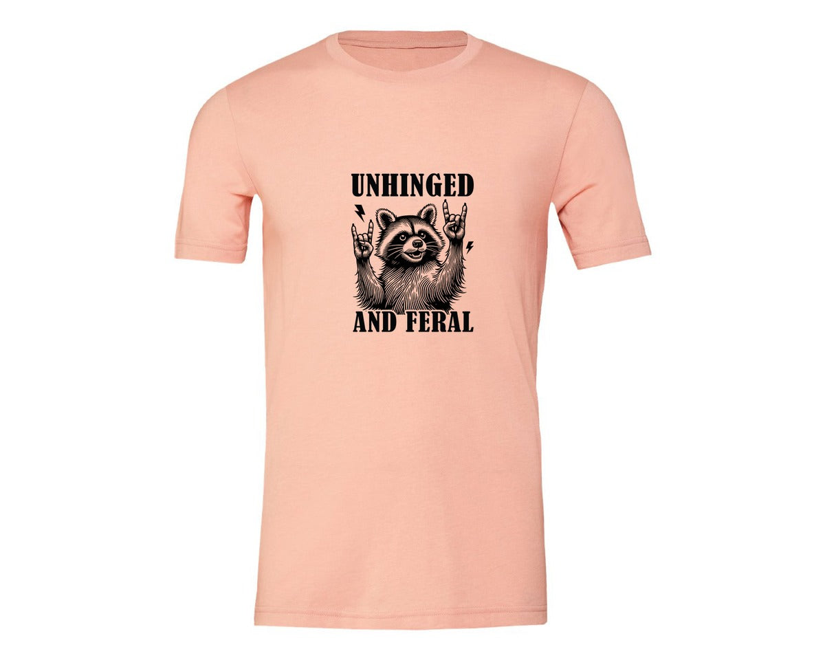 brand:Generic|color:Heather Peach|Unhinged And Feral Vintage Raccoon Meme Graphic T-Shirt