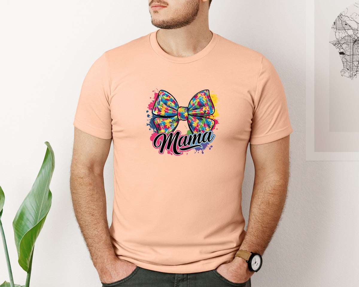 brand:Bella Canvas|color:Heather Peach|Autism Mama Colorful Puzzle Bow Art Graphic T-Shirt