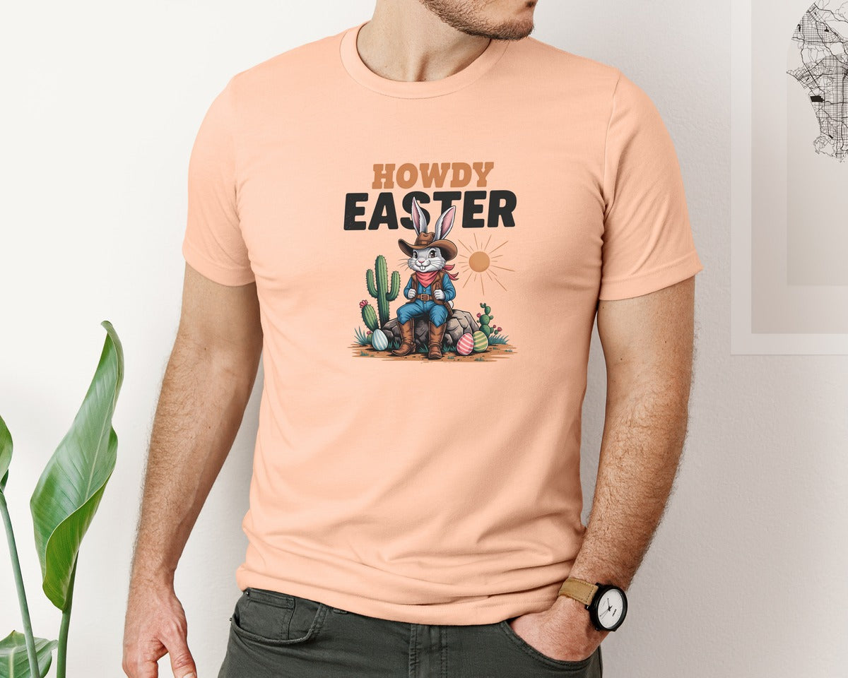 brand:Bella Canvas|color:Heather Peach|Howdy Easter Western Cowboy Bunny 2 Graphic T-Shirt