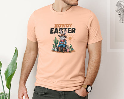 brand:Bella Canvas|color:Heather Peach|Howdy Easter Western Cowboy Bunny 2 Graphic T-Shirt