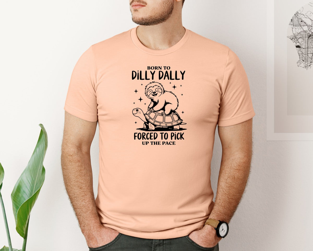 brand:Bella Canvas|color:Heather Peach|Born To Dilly Dally Funny Sloth Graphic T-Shirt