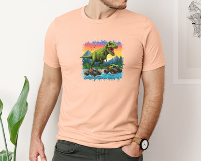 brand:Bella Canvas|color:Heather Peach|Dinosaur Monster Truck T Rex Graphic T-Shirt