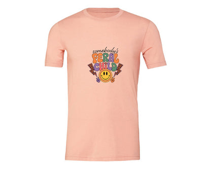brand:Generic|color:Heather Peach|Somebodys Feral Child Funny Summer Graphic T-Shirt
