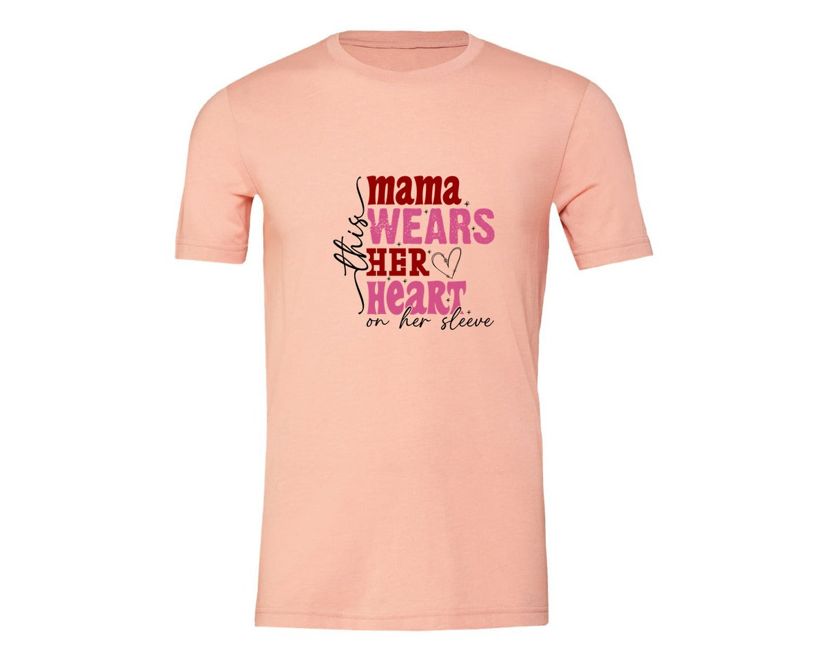 brand:Generic|color:Heather Peach|This Mama Wears Her Heart On Her Sleeve 84 Graphic T-Shirt