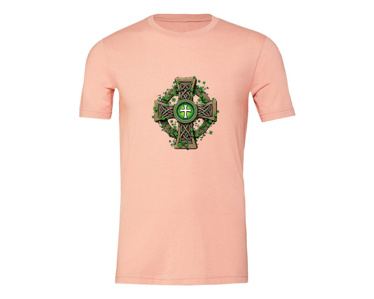 brand:Generic|color:Heather Peach|Celtic Cross With Shamrocks Irish Graphic T-Shirt