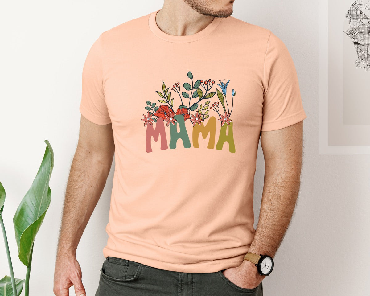 brand:Bella Canvas|color:Heather Peach|Mama Shirt Wildflowers Mama Shirt Graphic T-Shirt