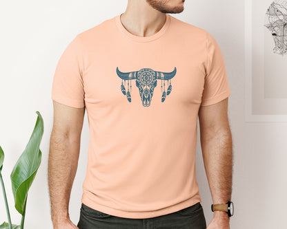 brand:Bella Canvas|color:Heather Peach|Western Bull Skull Aztec Boho Longhorn Graphic T-Shirt