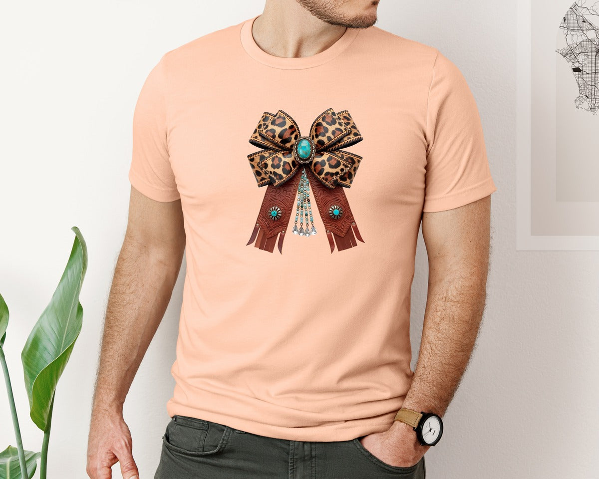 brand:Bella Canvas|color:Heather Peach|Western Leopard Bow Coquette Cowgirl 2 Graphic T-Shirt