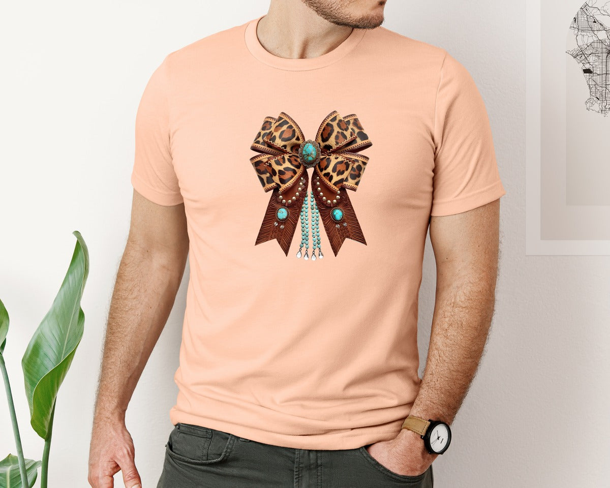 brand:Bella Canvas|color:Heather Peach|Western Leopard Bow Bohemian Coquette Graphic T-Shirt