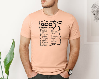 brand:Bella Canvas|color:Heather Peach|God Says I Am Coquette Christian Graphic T-Shirt