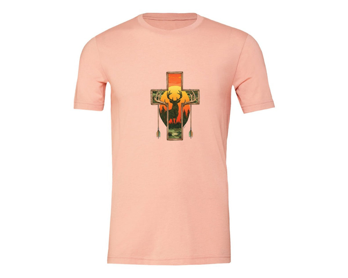 brand:Generic|color:Heather Peach|Deer Cross Rustic Hunting Cross Sub Graphic T-Shirt