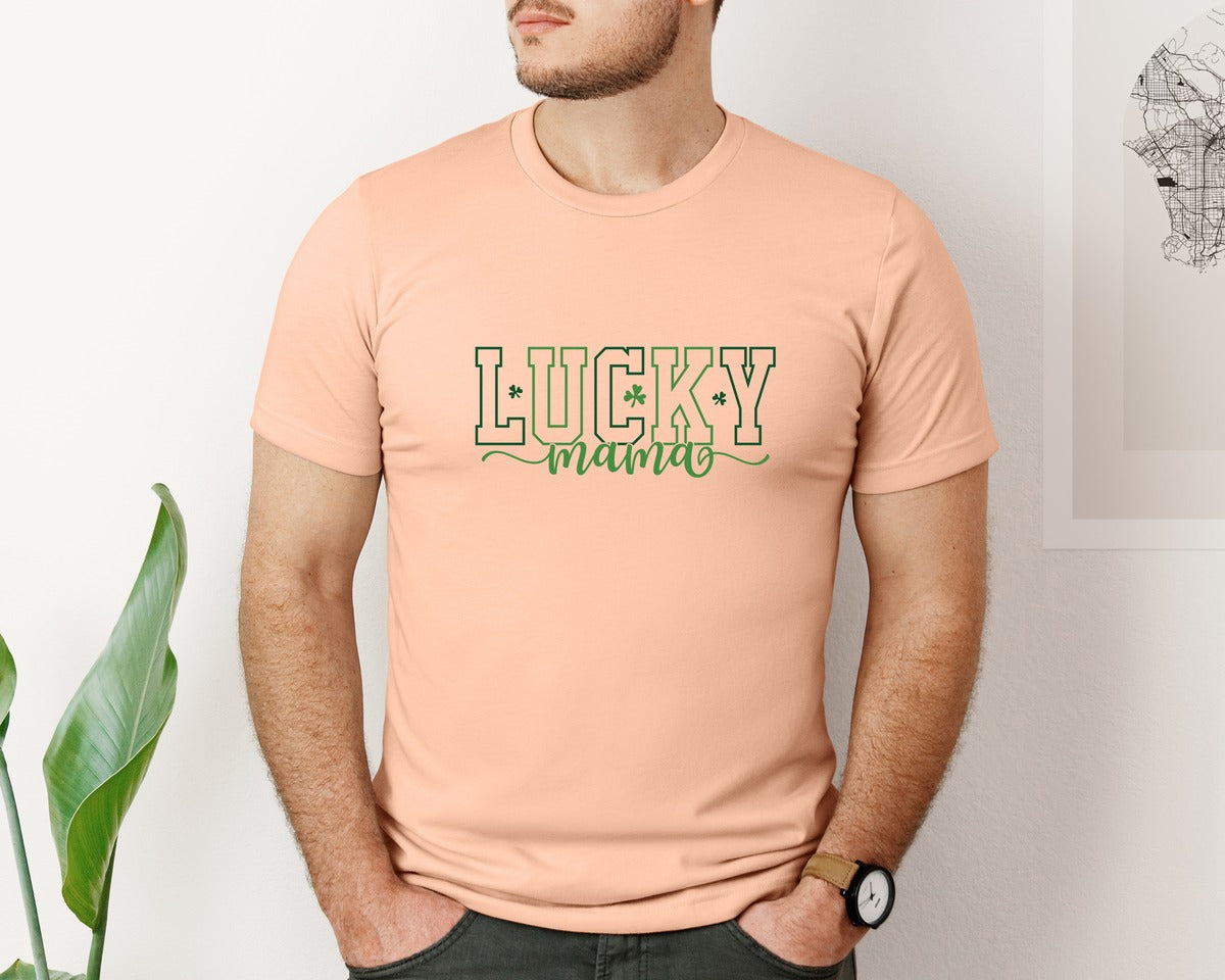 brand:Bella Canvas|color:Heather Peach|Shamrock Lucky Mama St Patricks Day Graphic T-Shirt
