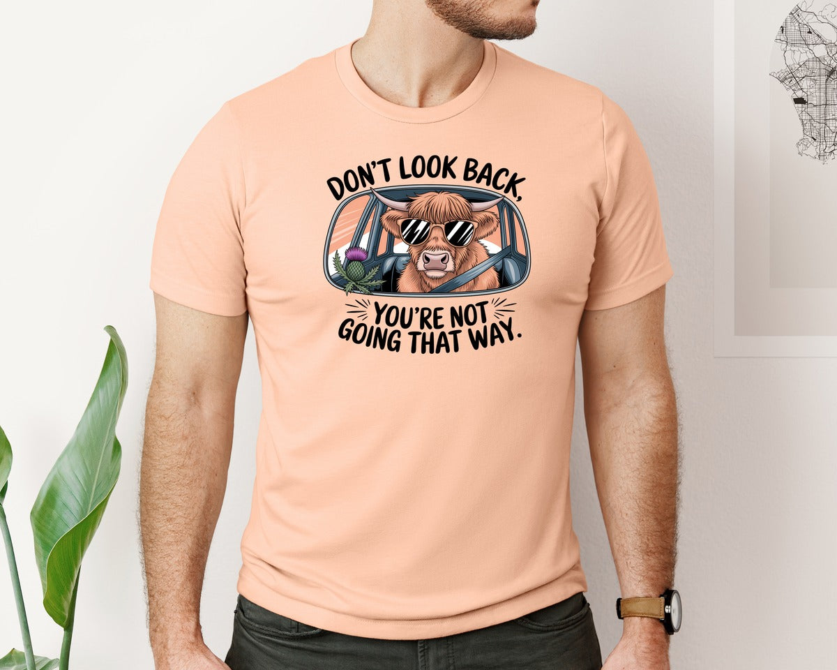 brand:Bella Canvas|color:Heather Peach|Dont Look Back Highland Cow Graphic T-Shirt