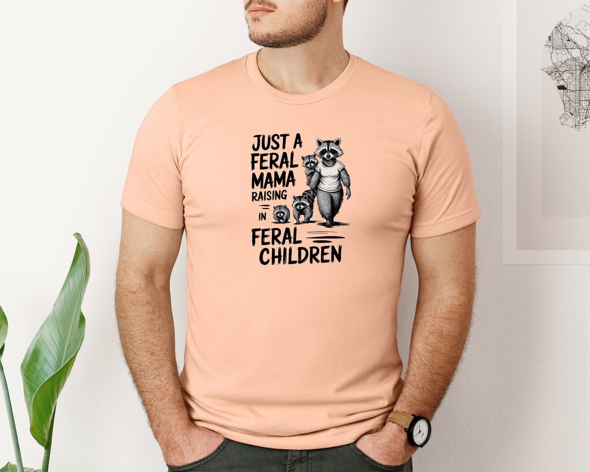 brand:Bella Canvas|color:Heather Peach|Funny Mothers Day Raccoon Mama Tired Graphic T-Shirt