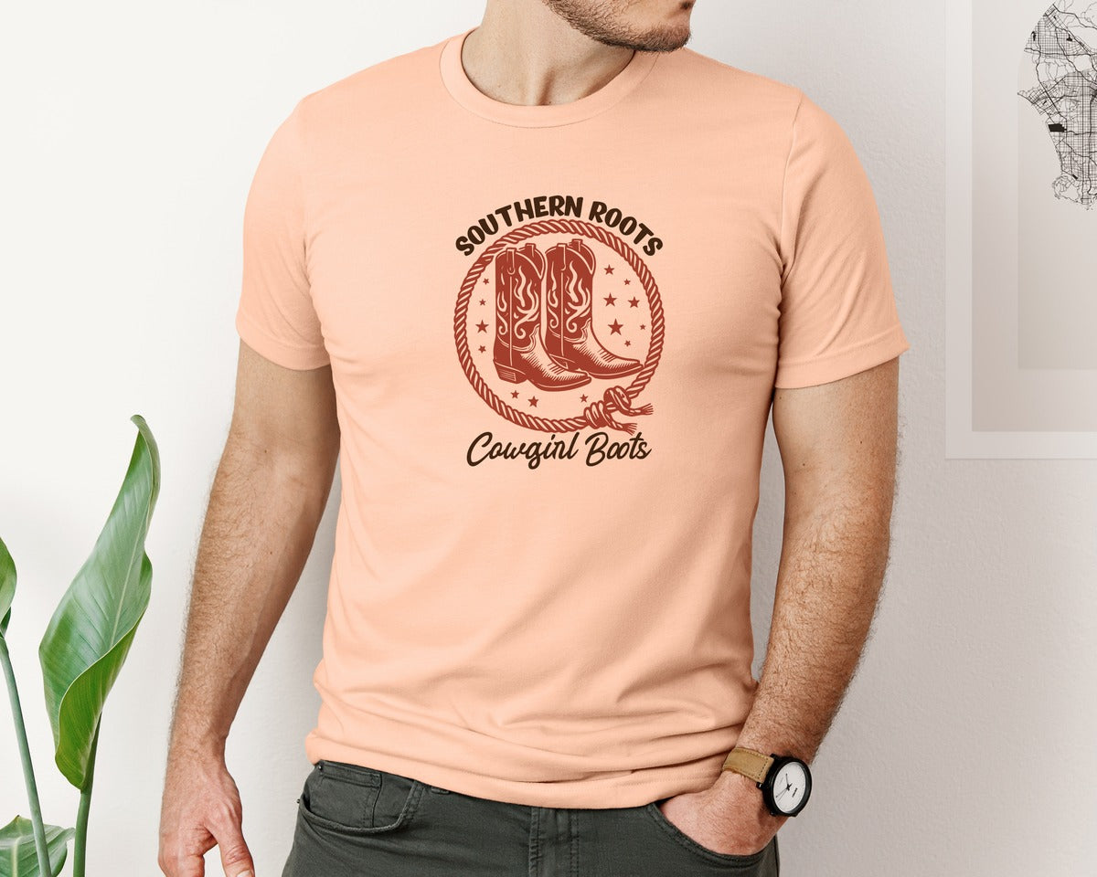 brand:Bella Canvas|color:Heather Peach|Southern Roots Cowgirl Boots Cowgir Graphic T-Shirt