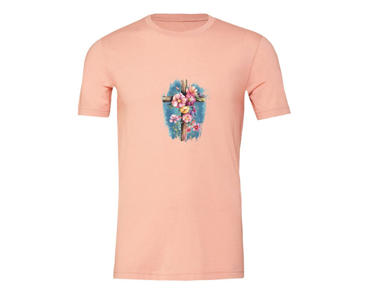 brand:Generic|color:Heather Peach|Floral Christian Cross Graphic T-Shirt