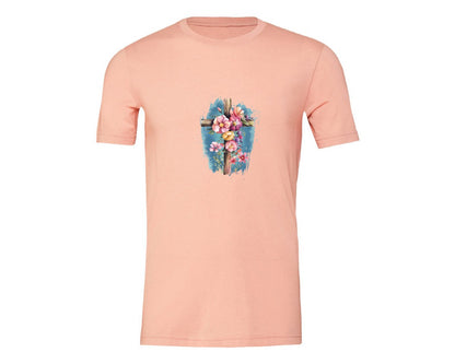 brand:Generic|color:Heather Peach|Floral Christian Cross Graphic T-Shirt
