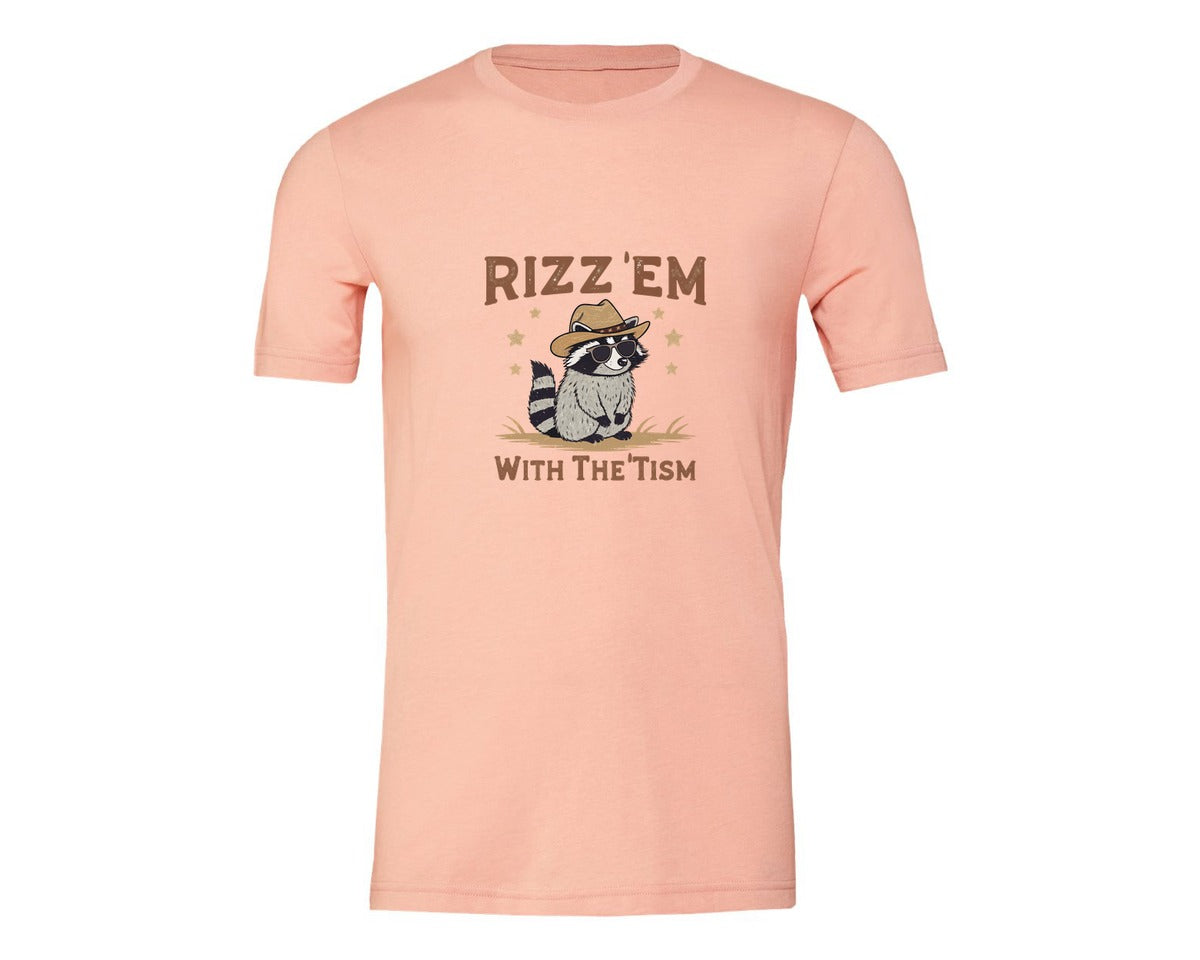 brand:Generic|color:Heather Peach|Raccoon Funny Raccoon Rizz Em Graphic T-Shirt
