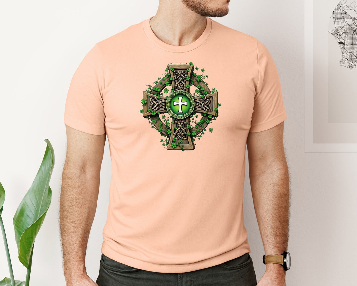 brand:Bella Canvas|color:Heather Peach|Celtic Cross With Shamrocks Irish Graphic T-Shirt